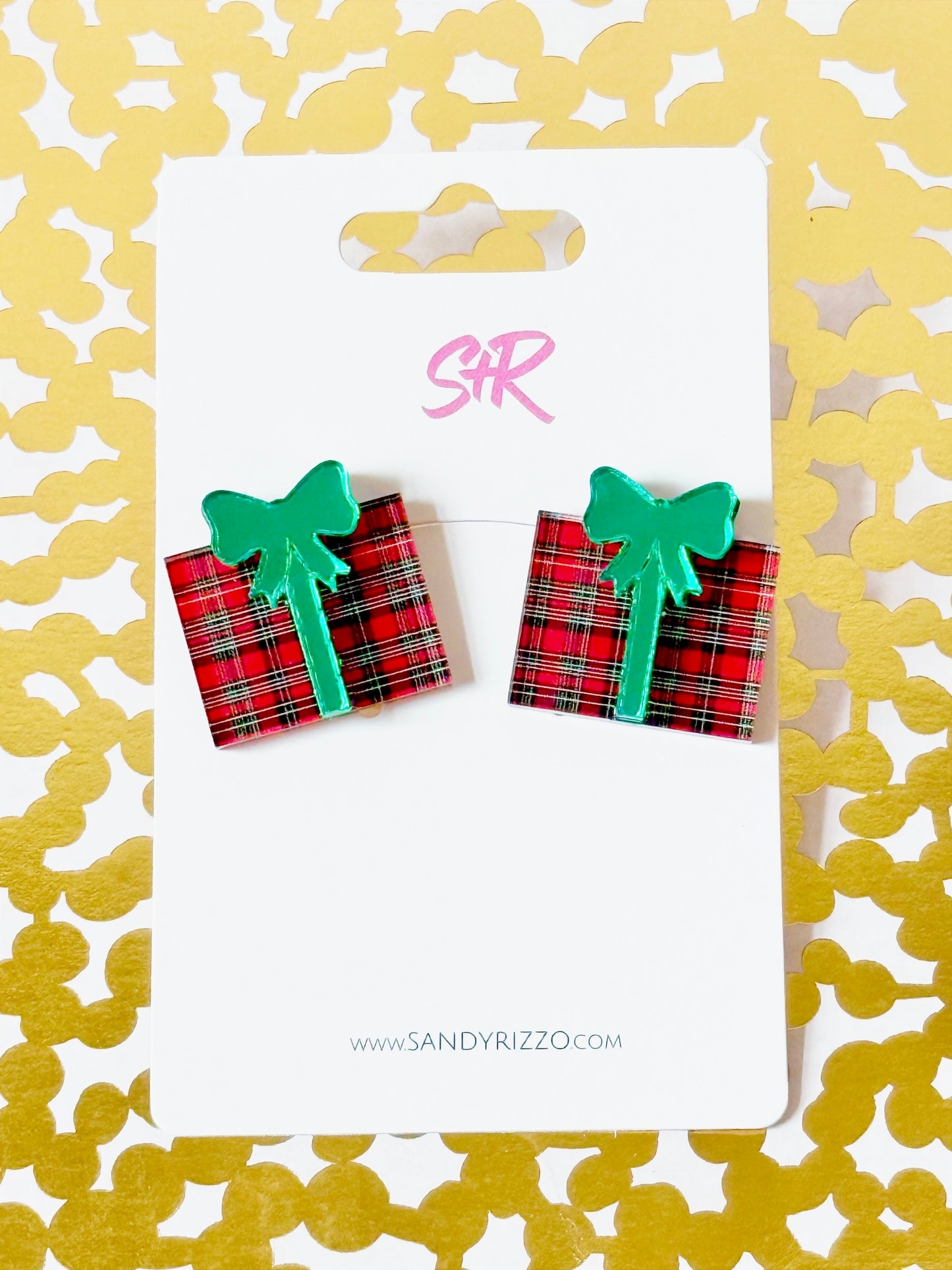Red Plaid Christmas Present Stud