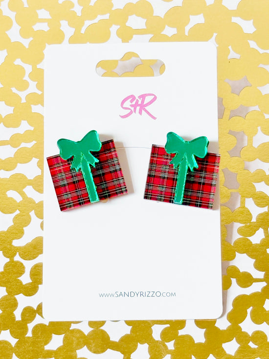 Red Plaid Christmas Present Stud