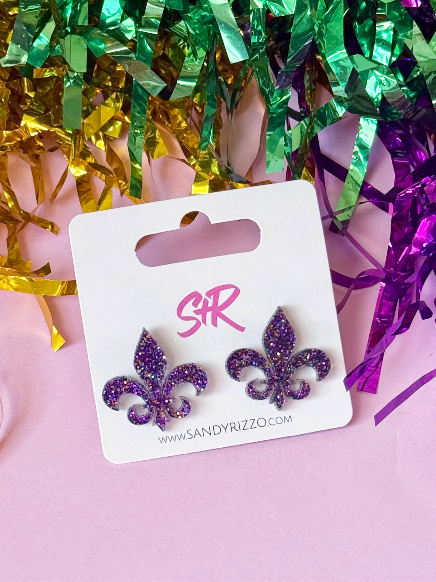 Purple Glitter Fleur de Lis Stud