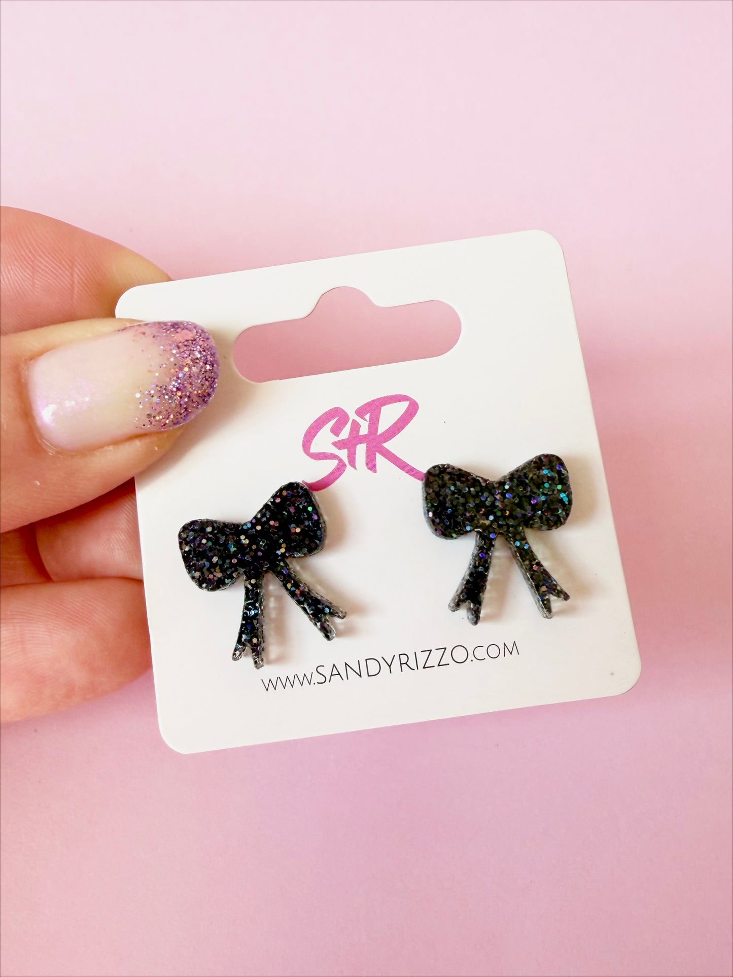 Black Glitter Bow Stud