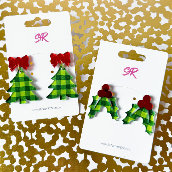 Green Plaid Holly Statement Stud