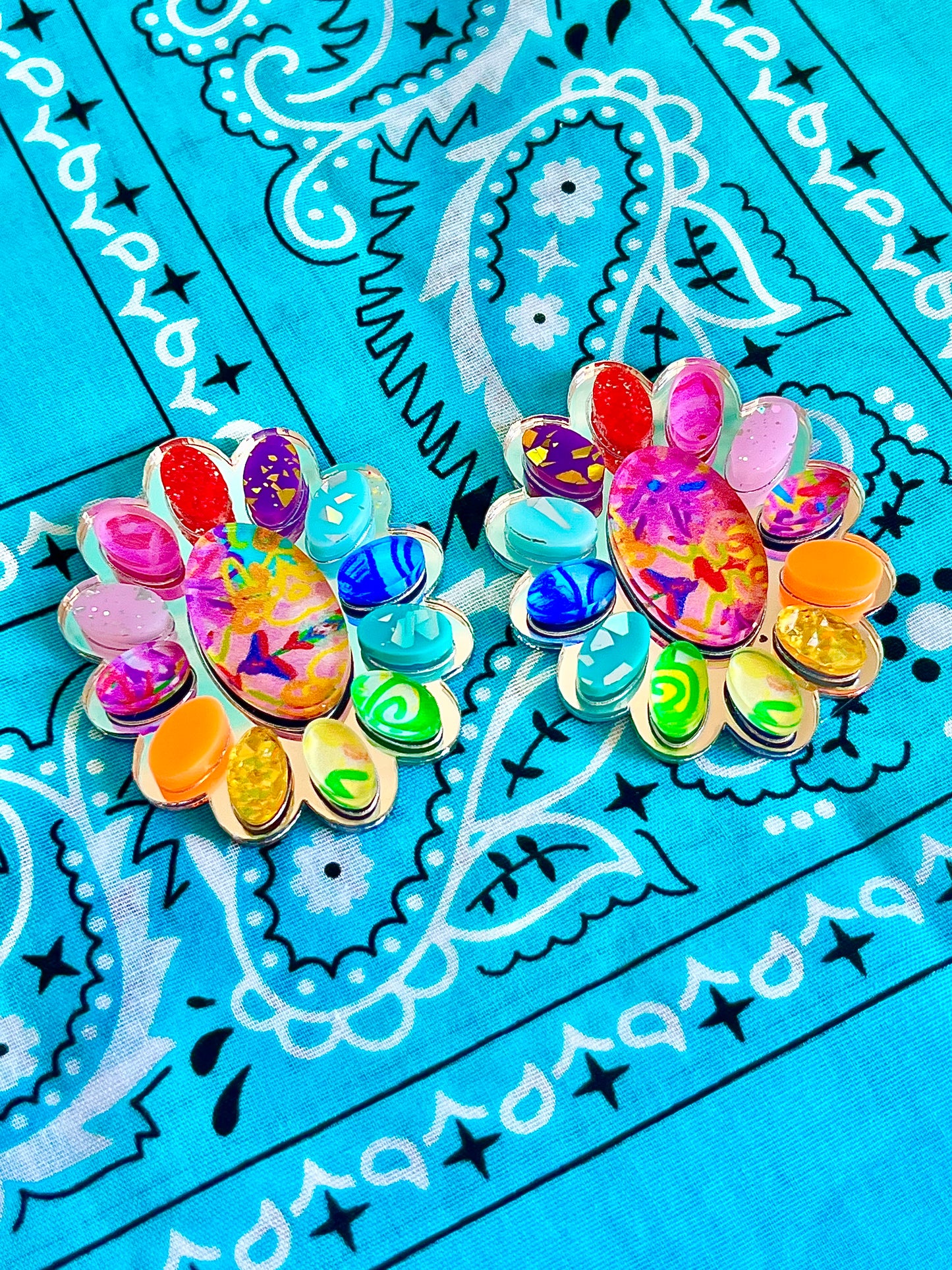 Rainbow & Silver Squash Blossom Earring