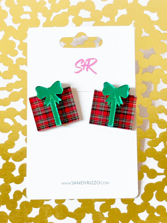 Red Plaid Christmas Present Stud