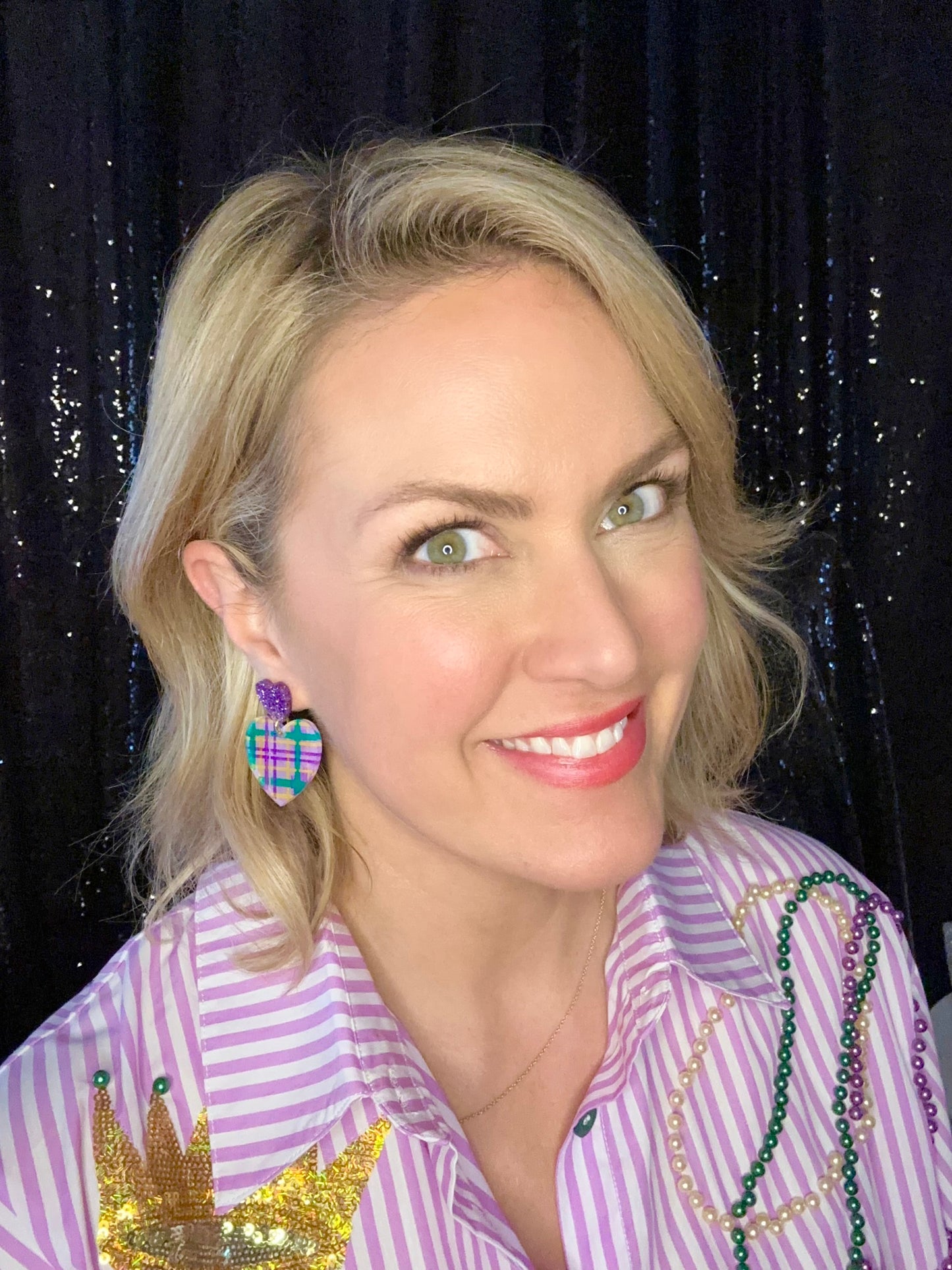 Mardi Gras Plaid Double Heart