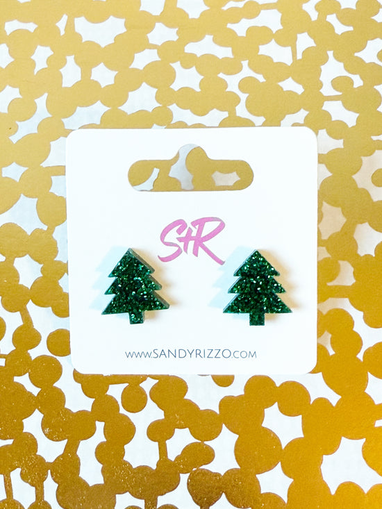 Green Glitter Christmas Tree Stud
