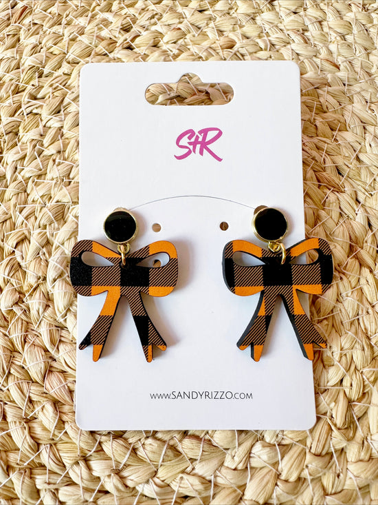 Black and Orange Gingham Bow Dangle