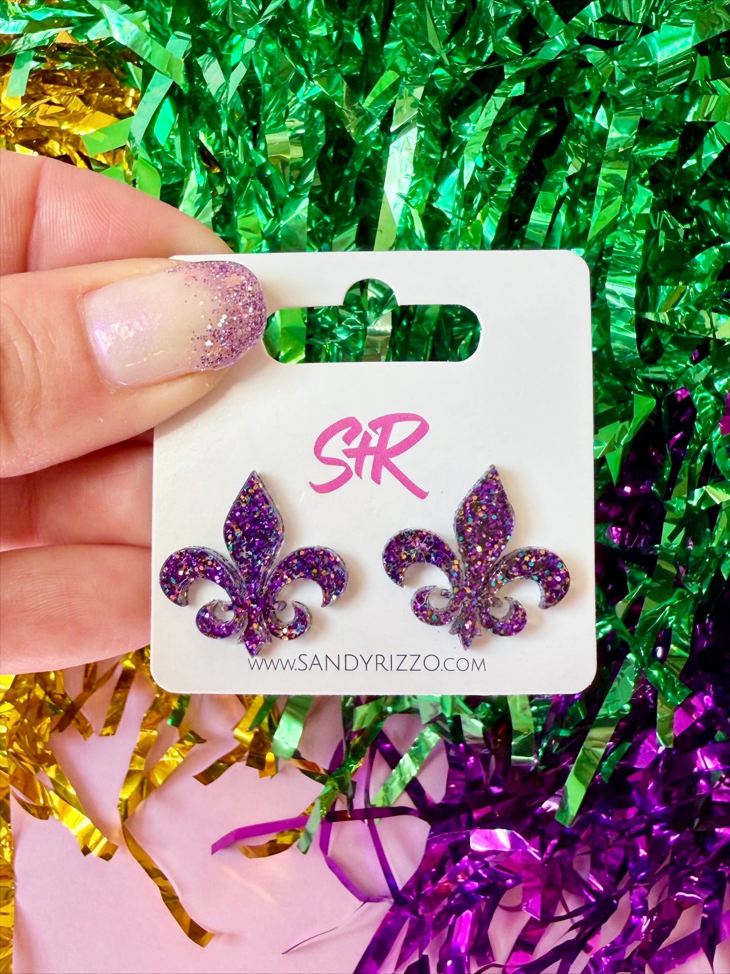Purple Glitter Fleur de Lis Stud