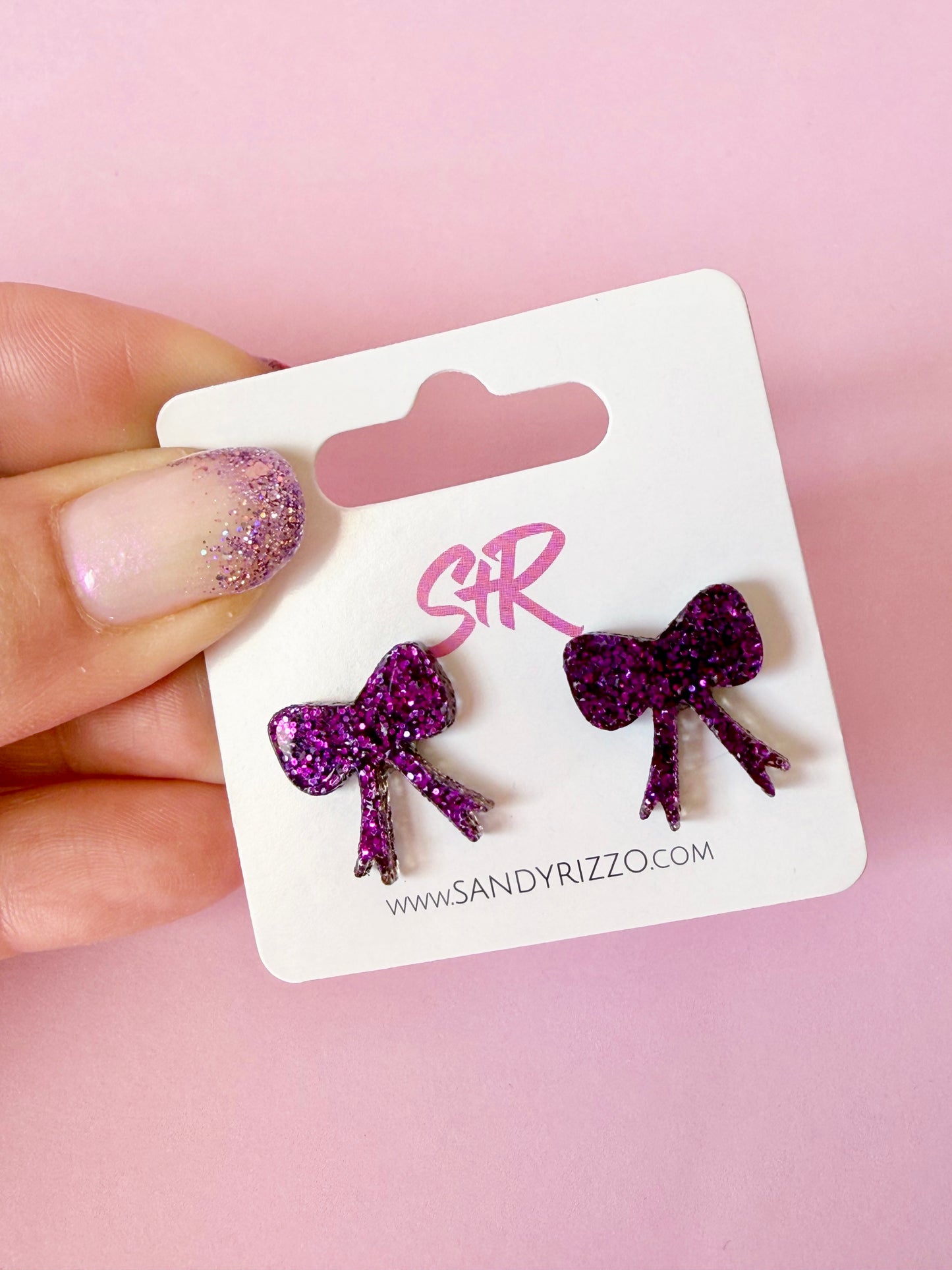 Purple Glitter Bow Stud