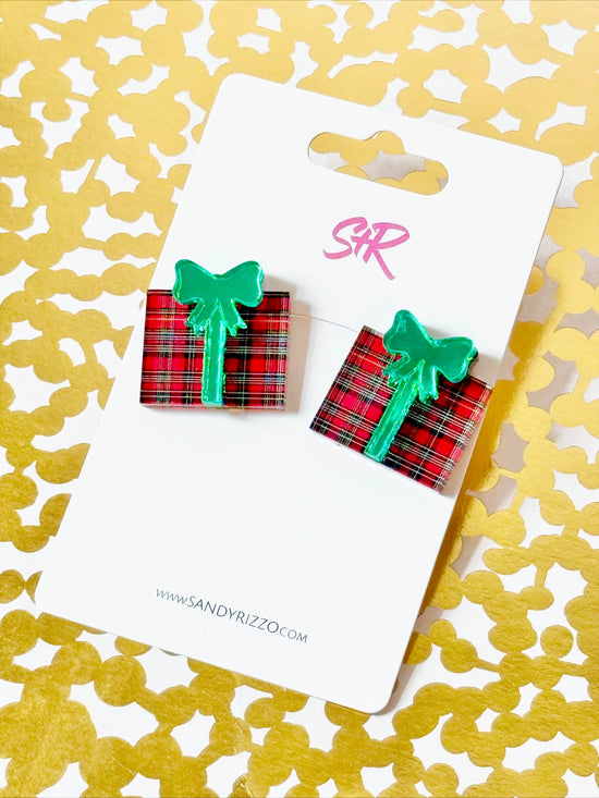 Red Plaid Christmas Present Stud