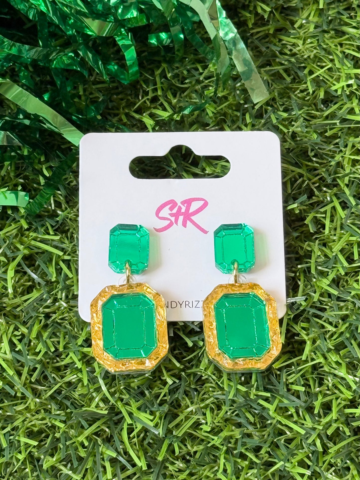 Gold Lamé and Green Gem Dangle