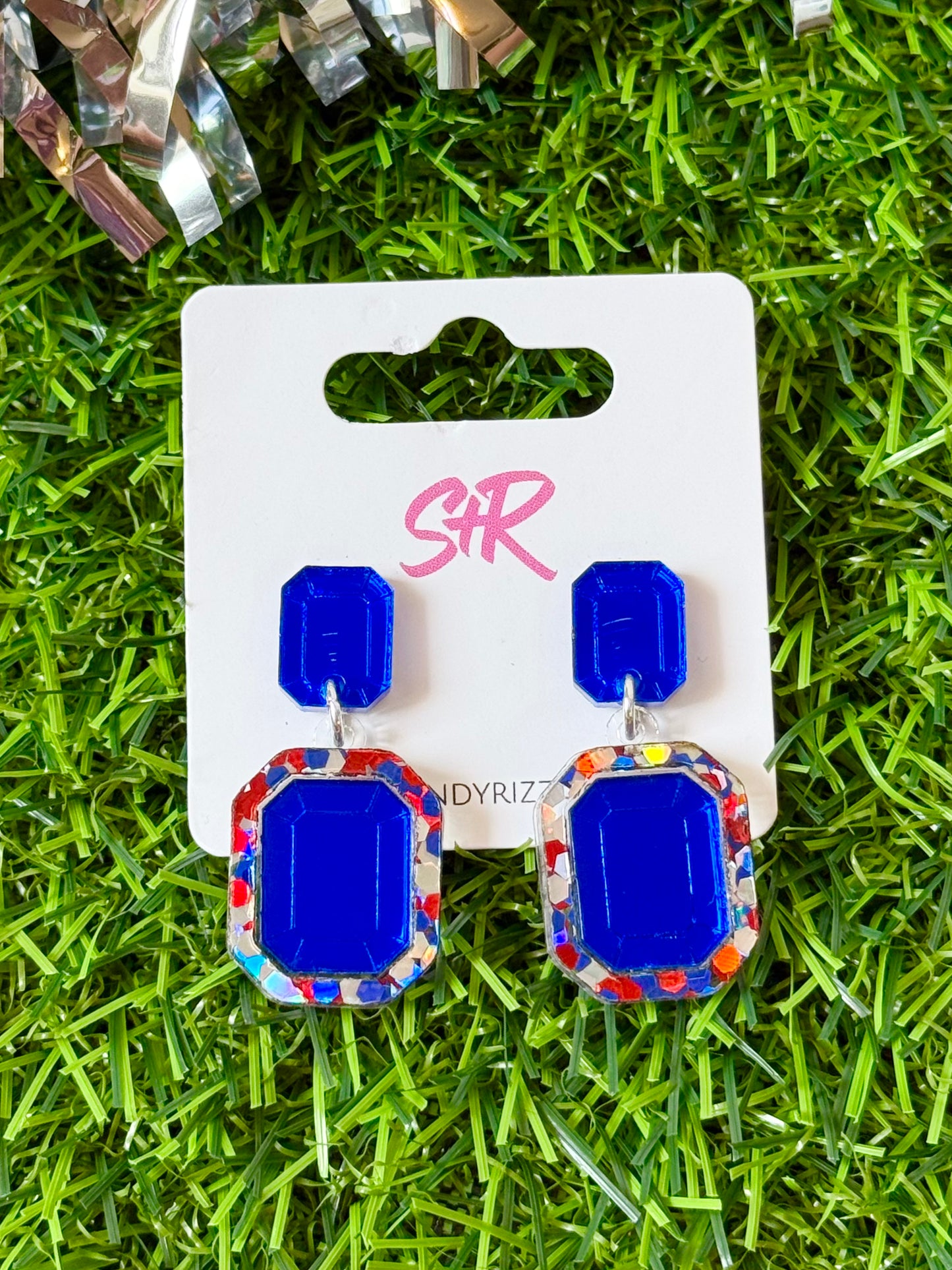Blue and Red, Silver and Blue Gem Dangle