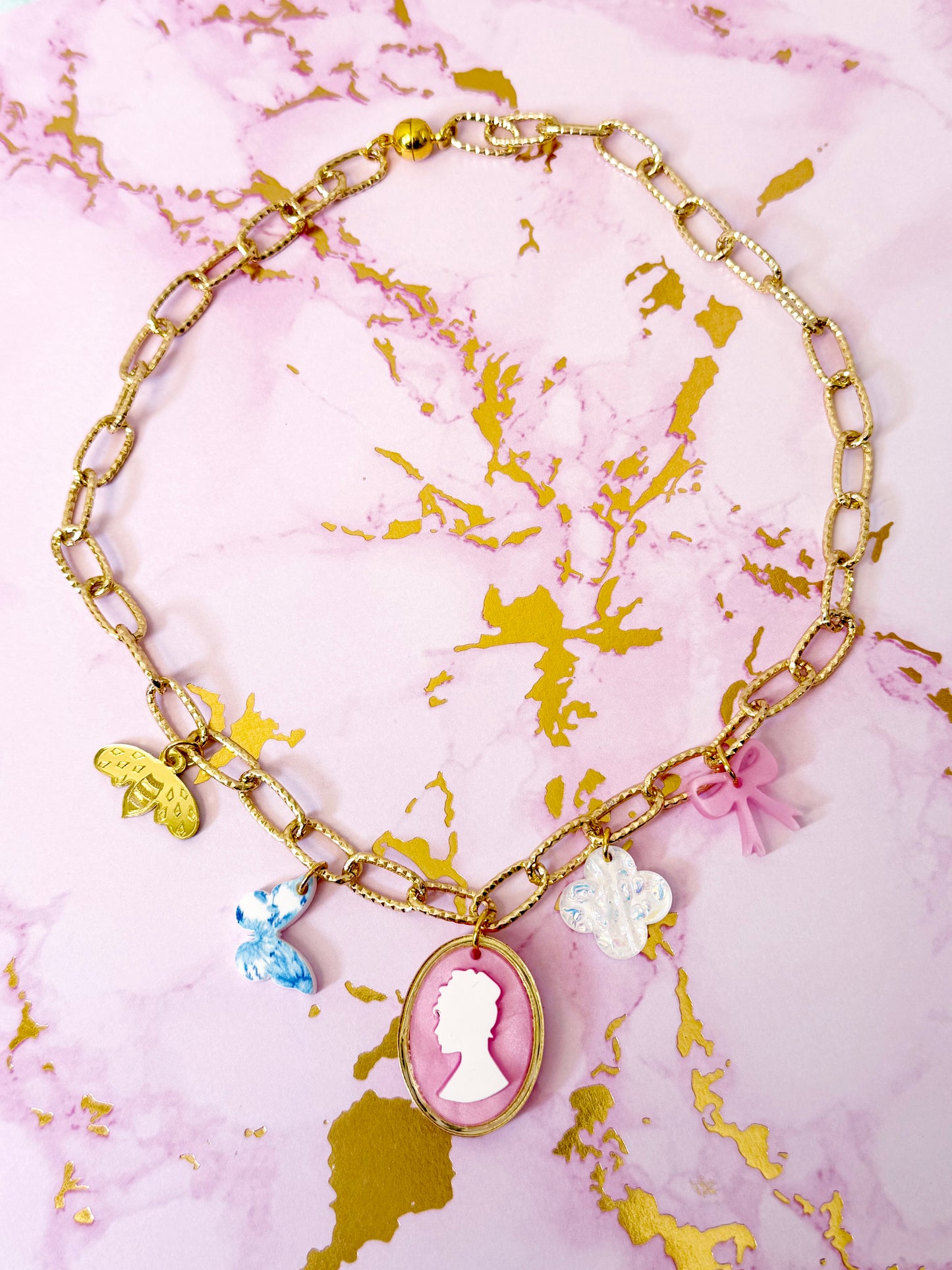 Pink Cameo Charm Necklace