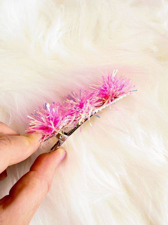 Pink Iridescent Party Pom Hair Clip