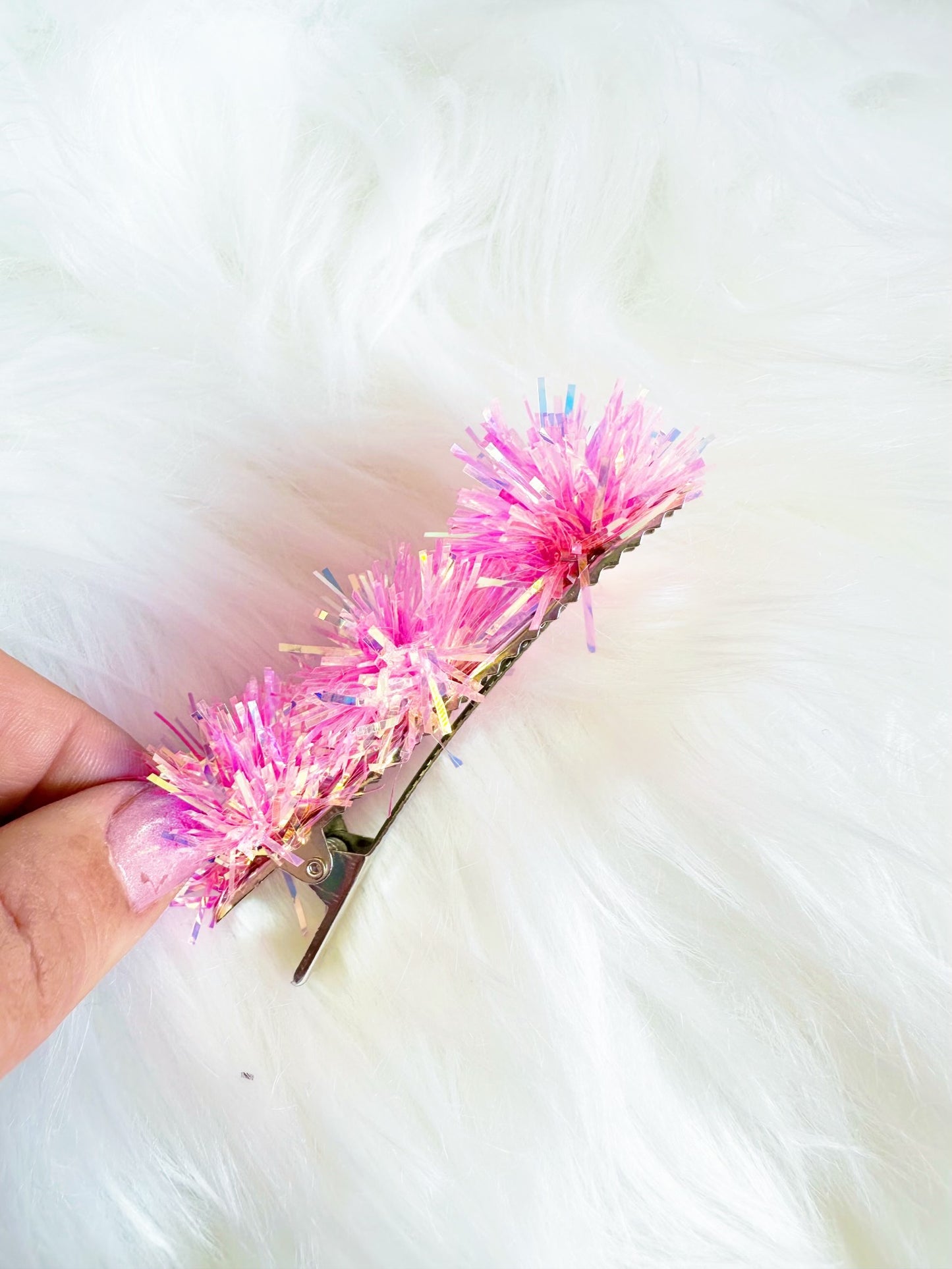 Pink Iridescent Party Pom Hair Clip