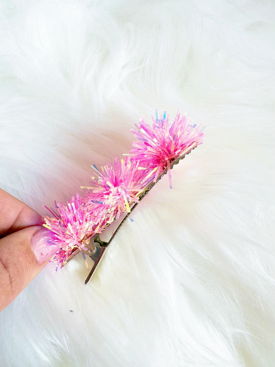 Pink Iridescent Party Pom Hair Clip