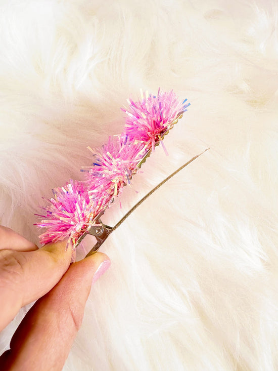 Pink Iridescent Party Pom Hair Clip