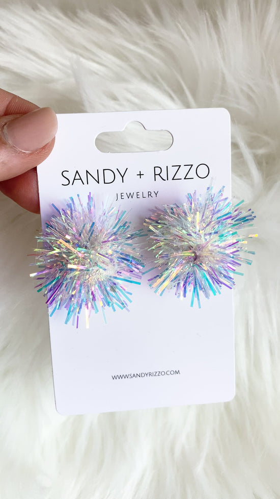 Load and play video in Gallery viewer, White Iridescent Party Pom Stud
